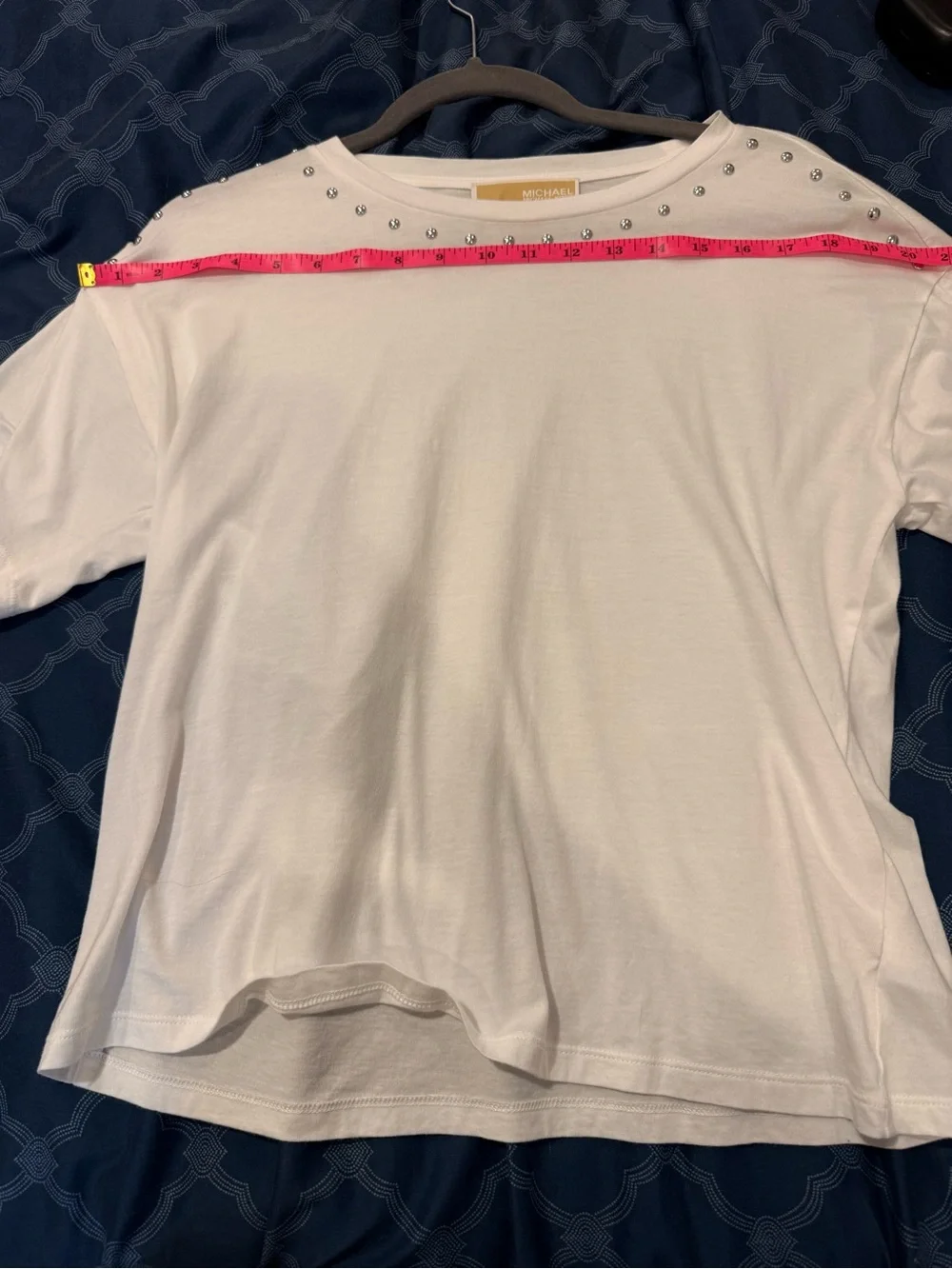 Michael Michael Kors White Studded Neck Tee Size Small Silver Embellished Top